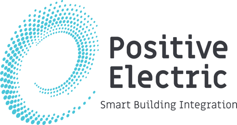 Positive Electric logo with blue dotted swirl and tagline Smart Building Integration.